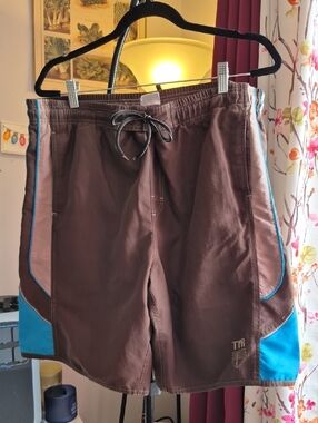 TYR Brown Swim Shorts with Blue and Tan Accents